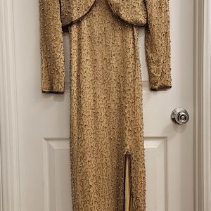 Scala Vintage Gold Beaded Spaghetti Strap Maxi Gown with Matching Jacket Medium